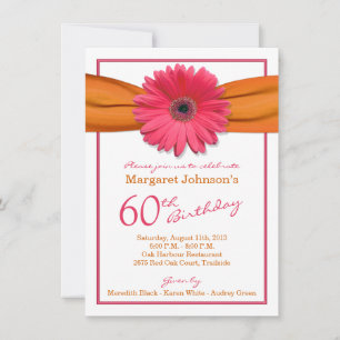 Pink Gerbera Daisy Orange Ribbon 60th Birthday Invitation