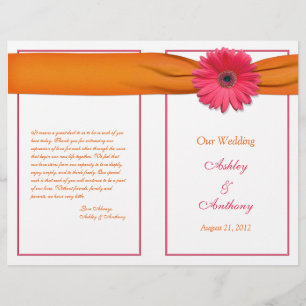 Pink Gerbera Daisy Orange Ribbon Wedding Program