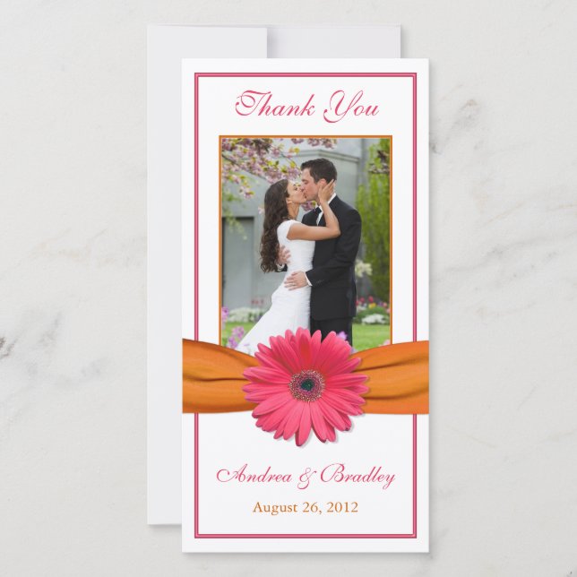 Pink Gerbera Daisy Orange Ribbon Wedding Thank You (Front)