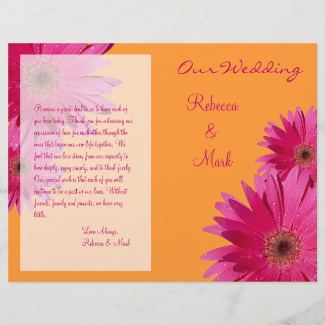 Pink Gerbera Daisy Orange Wedding Program (Front)