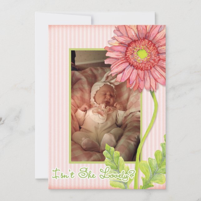 Pink Gerbera Daisy Photo Birth Announcement (Front)