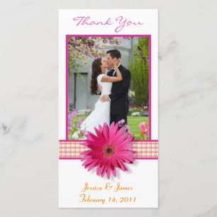 Pink Gerbera Daisy Plaid Ribbon Wedding Thank You Card