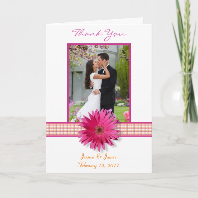 Pink Gerbera Daisy Plaid Wedding Photo Thank You Card (Front)