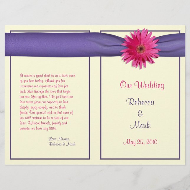 Pink Gerbera Daisy Purple Ribbon Wedding Program (Front)