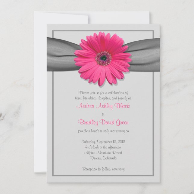 Pink Gerbera Daisy Silver Grey Ribbon Invitation (Front)