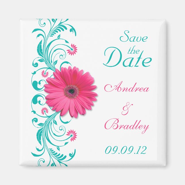 Pink Gerbera Daisy Turquoise Floral Save the Date Magnet (Front)