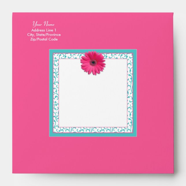 Pink Gerbera Daisy Turquoise Floral Square Envelope (Front)
