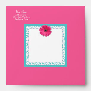 Pink Gerbera Daisy Turquoise Floral Square Envelope