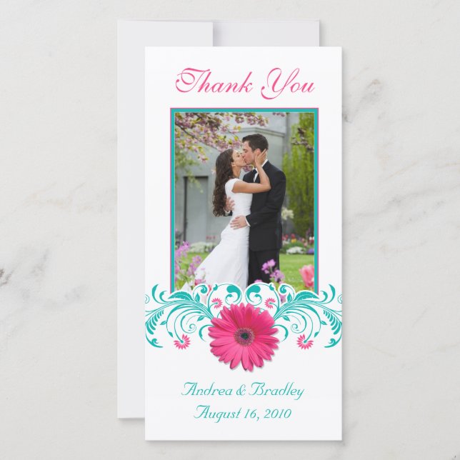 Pink Gerbera Daisy Turquoise Floral Thank You Card (Front)