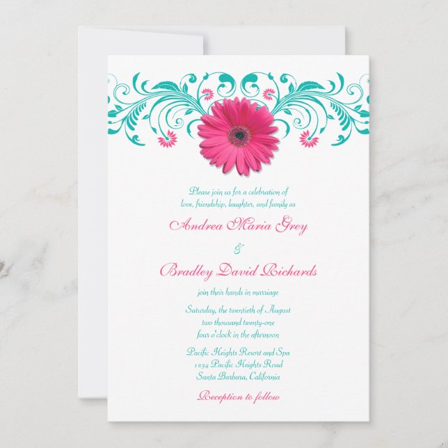 Pink Gerbera Daisy Turquoise Floral Wedding Invitation (Front)