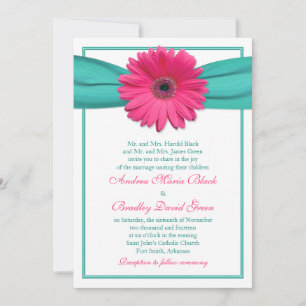 Pink Gerbera Daisy Turquoise Ribbon Wedding Invitation