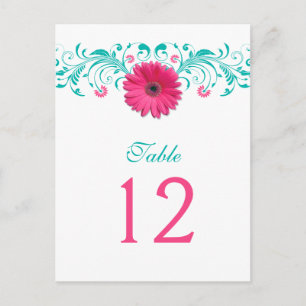Pink Gerbera Daisy Turquoise Table Number Card