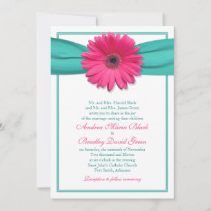 Pink Gerbera Daisy Turquoise Wedding Invitation