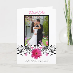 Pink Gerbera Daisy Wedding Photo Thank You Card
