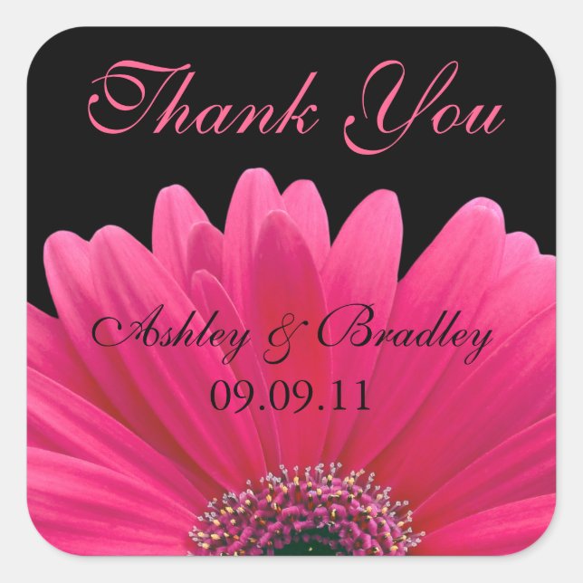Pink Gerbera Daisy Wedding Thank You Sticker (Front)