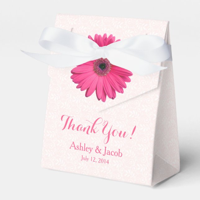 Pink Gerbera Daisy White Lace Wedding Thank You Favour Box (Front Side)