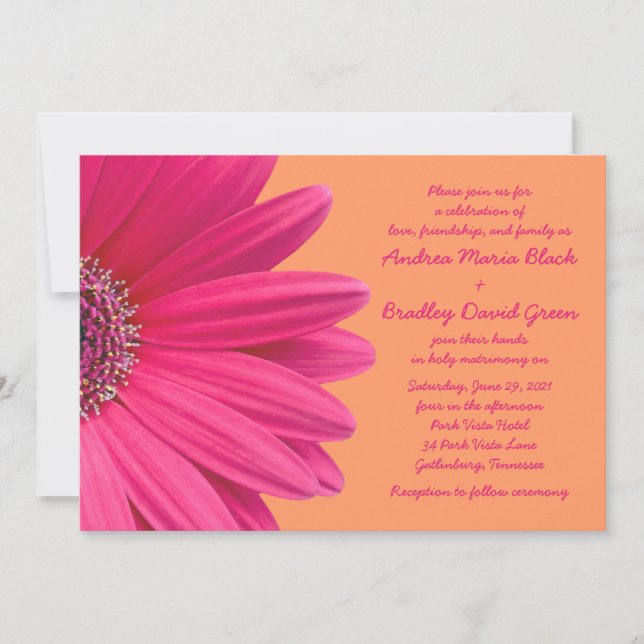 Pink Gerbera Daisy with Orange Wedding Invitation (Front)