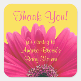 Pink Gerbera Daisy Yellow Baby Shower Thank You Square Sticker