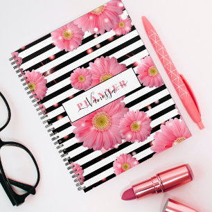 Pink Gerbera Flowers On Black And White Stripes Planner