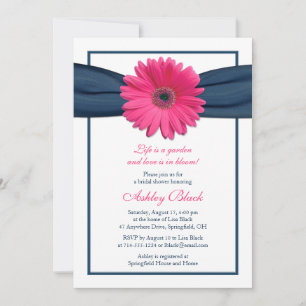 Pink Gerbera Navy Ribbon Bridal Shower Invitation