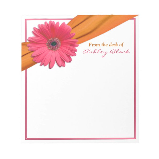 Pink Gerbera Orange Ribbon Personalised Notepad (Front)