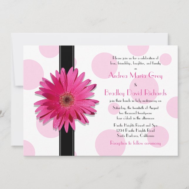 Pink Gerbera Polka Dot Wedding Invitation (Front)