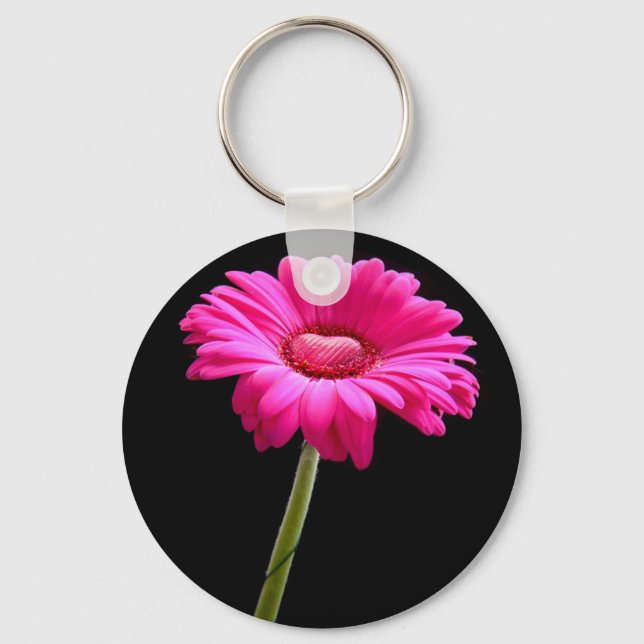 Pink gerbera with heart on black background key ring (Front)