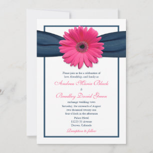 Pink Gerbera with Navy Ribbon Wedding Invitation