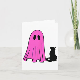Pink Ghost And Black Cat Halloween Fall Season Card