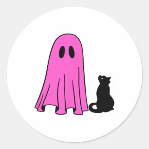Pink Ghost And Black Cat Halloween Fall Season Classic Round Sticker