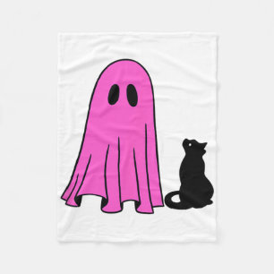 Pink Ghost And Black Cat Halloween Fall Season Fleece Blanket