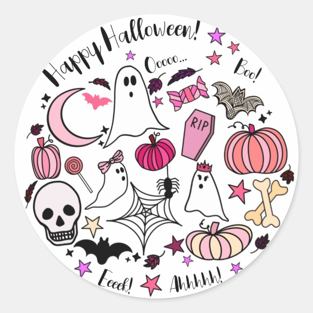 Pink Ghost and Pumpkin Halloween Round Sticker (Front)