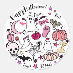 Pink Ghost and Pumpkin Halloween Round Sticker