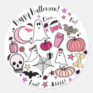 Pink Ghost and Pumpkin Halloween Round Sticker