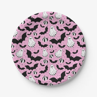 Pink ghost, bats and pumpkins paper plate