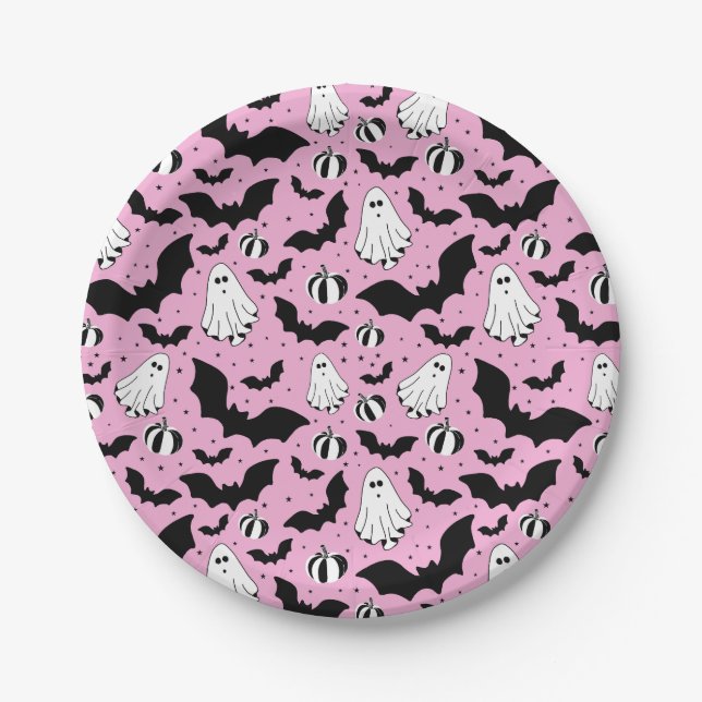 Pink ghost, bats and pumpkins paper plate (Front)