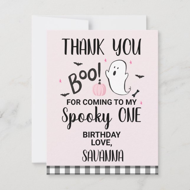 Pink Ghost Boo Halloween Birthday Thank You Card (Front)