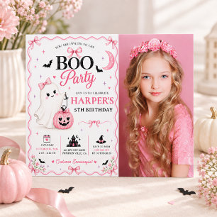 Pink Ghost Boo Party Photo Halloween Birthday Invitation