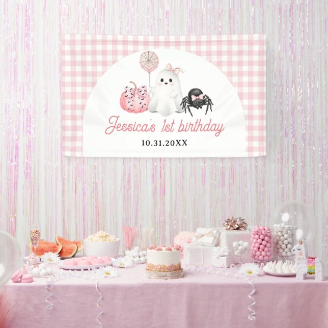 Pink Ghost Halloween 1st Birthday Party Banner (Party)
