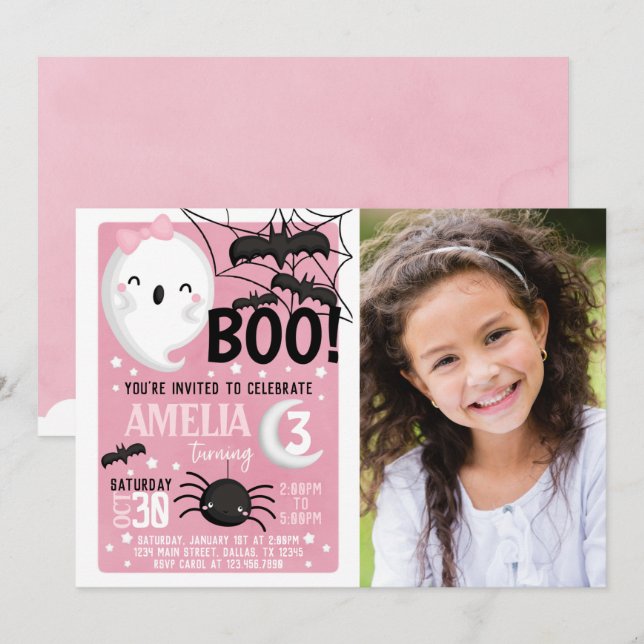 Pink Ghost Halloween Birthday Party Invitation (Front/Back)