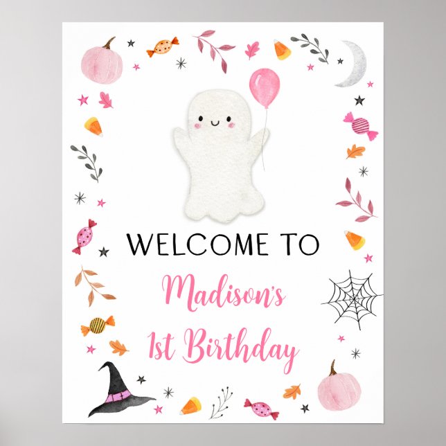Pink Ghost Halloween Birthday Welcome Poster (Front)