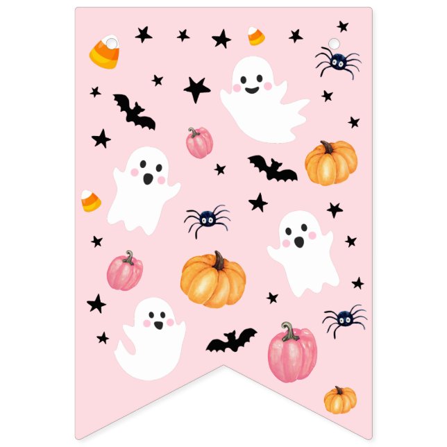 Pink Ghost Halloween Spooky One Happy Birthday Bunting (First Flag)
