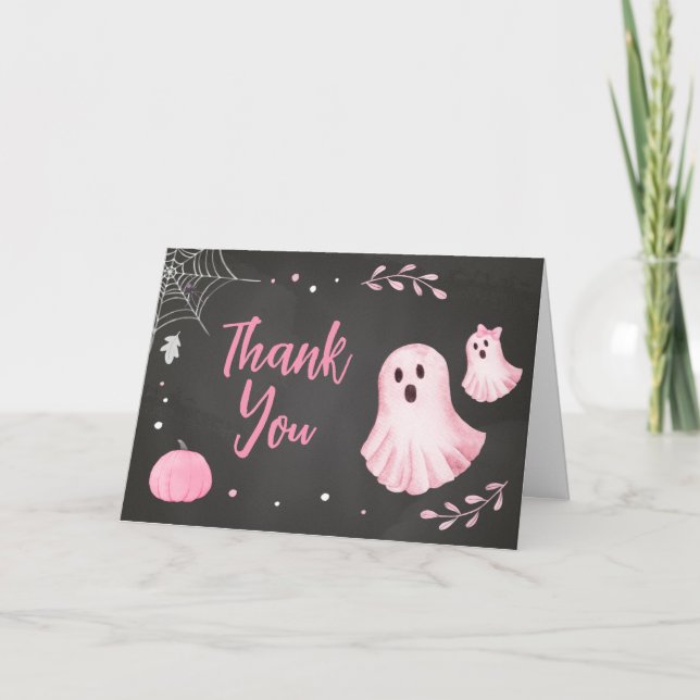 Pink Ghost Little Boo Baby Shower Thank You Card (Front)