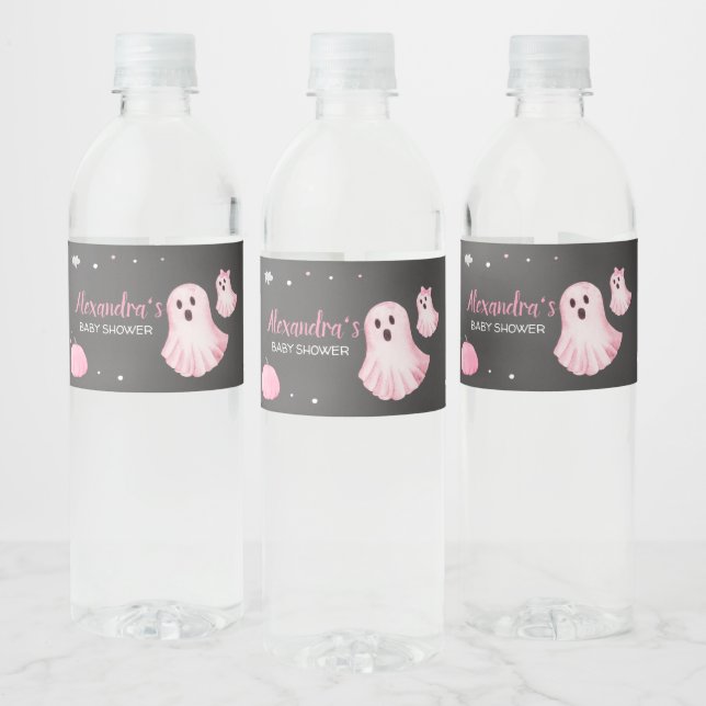 Pink Ghost Little Boo Baby Shower Water Bottle Label (Bottles)