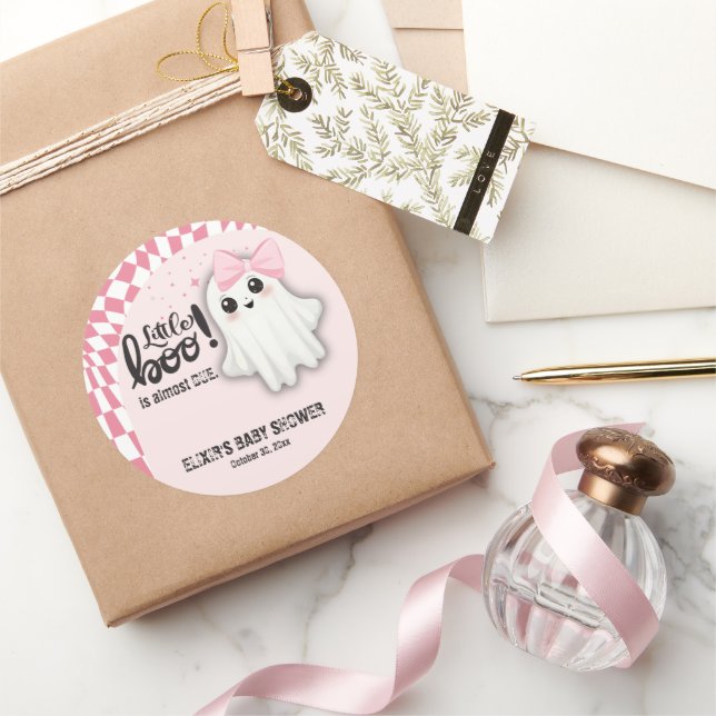 Pink Ghost Little Boo is almost due Baby Shower Classic Round Sticker (Gifting)