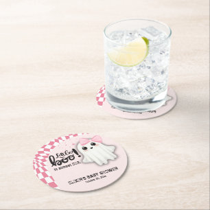 Pink Ghost Little Boo is almost due Baby Shower Round Paper Coaster