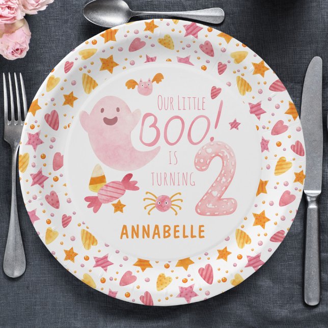 Pink Ghost Little Boo Turning Two 2nd Birthday Paper Plate (Creator Uploaded)