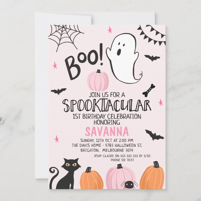 Pink Ghost Spooktacular Halloween 1st Birthday Invitation (Front)