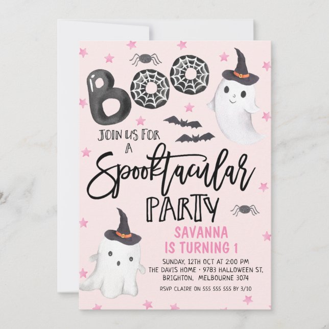 Pink Ghost Spooktacular Party Halloween Birthday Invitation (Front)