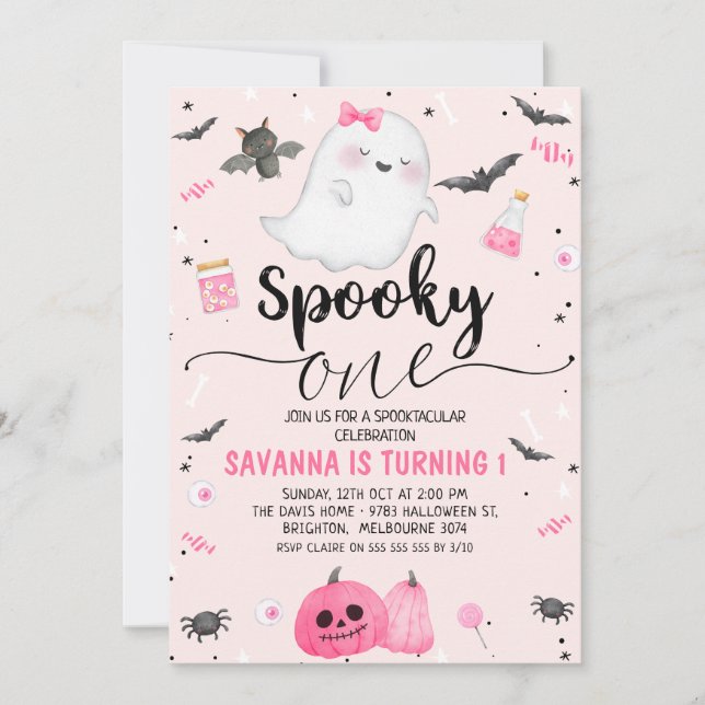 Pink Ghost Spooky One Halloween 1st Birthday Invitation (Front)